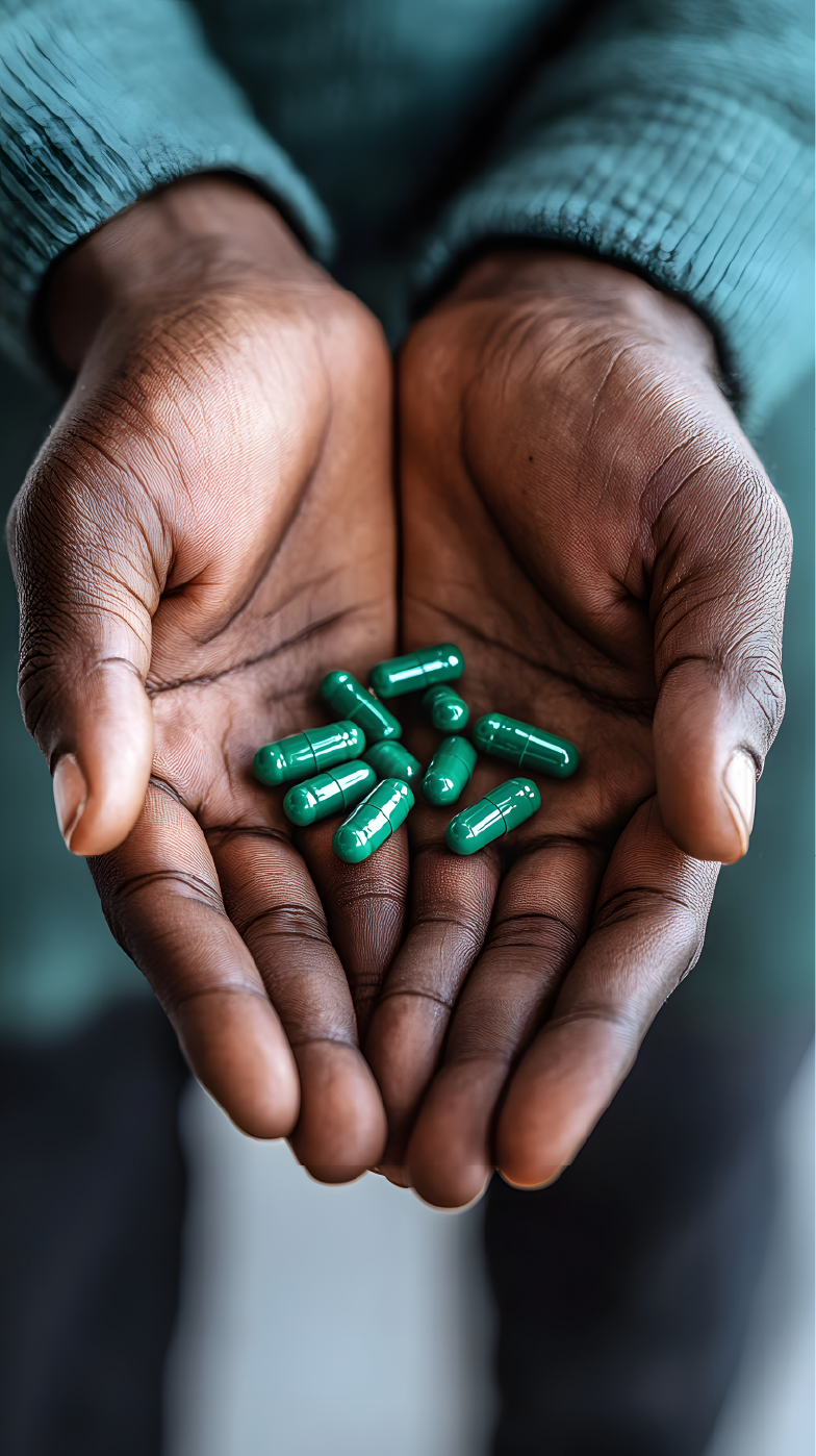 Close-up of hands holding green capsules